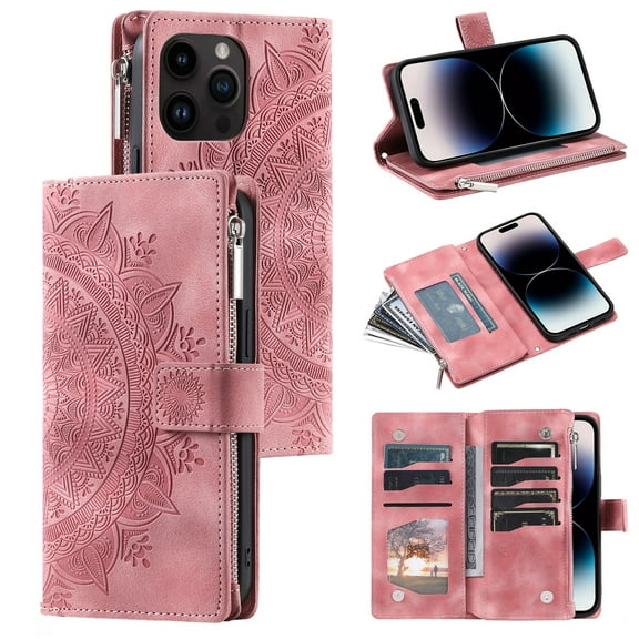 Mantto Crossbody Case for iPhone 15 Pro,Embossed Pattern PU Leather Zipper Pocket Magnetic Flip Holder ID Credit Card Slots Wallet Phone Case with Detachable Shoulder Strap,Pink