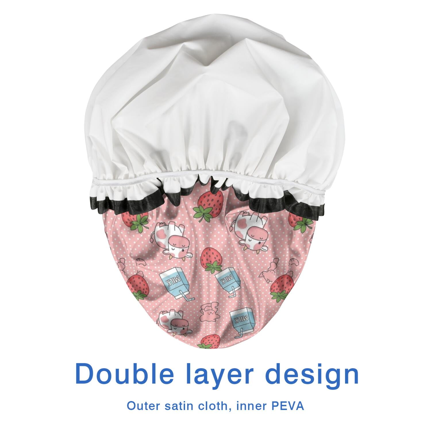 Shower Caps,Pink Cow Milk Strawberry Pattern Waterproof Shower Cap for Women 4 Pieces,Double Reusable Hair Cover for Shower PEVA Elastic Stretch Hem