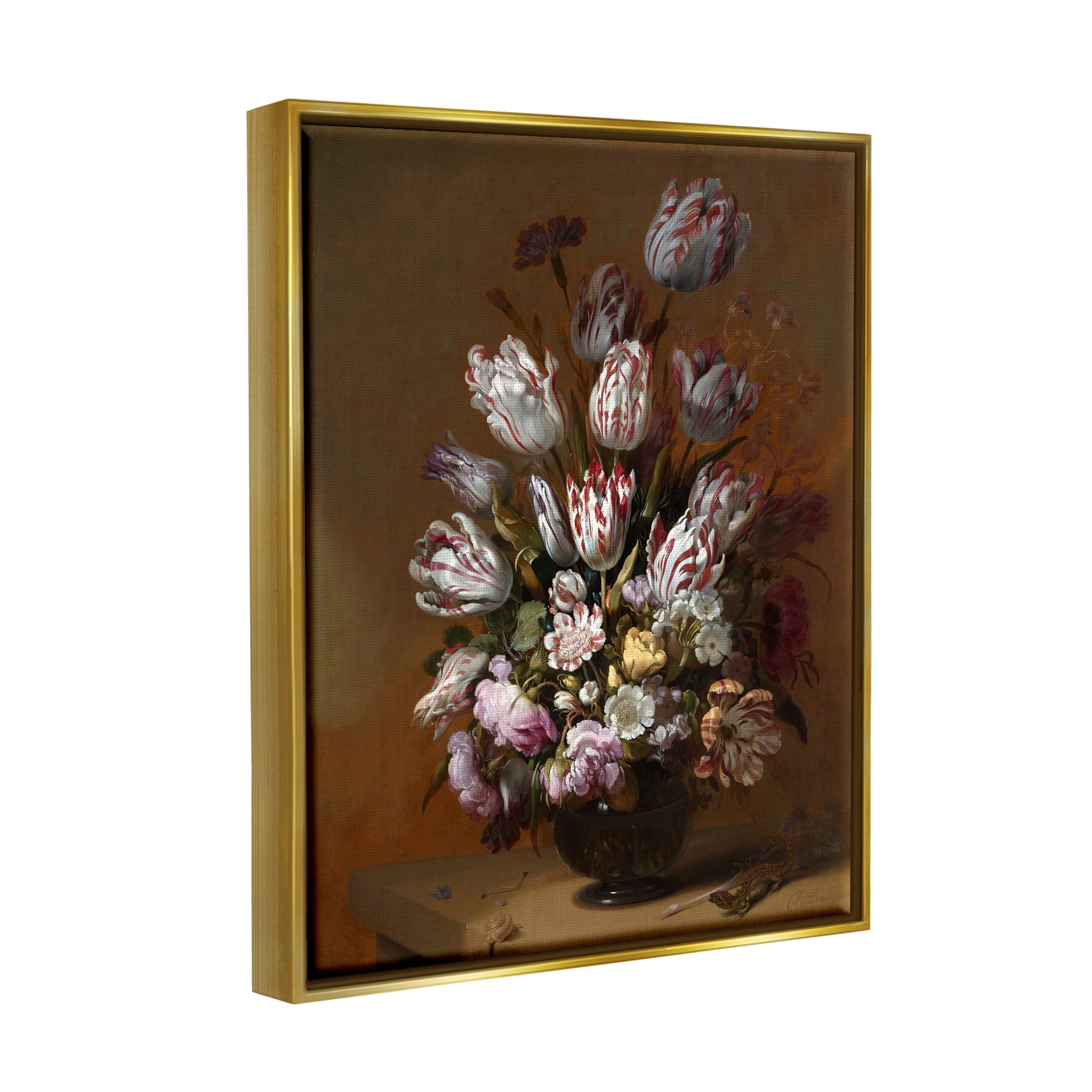 Stupell Industries Still Life with Flowers Traditional Hans Bollongier Paintings Painting Metallic Gold Floating Framed Canvas Print Wall Art, Design by one1000paintings