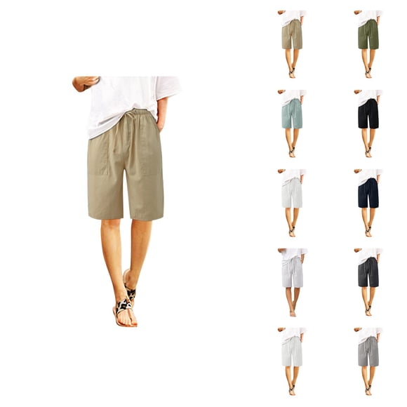 Womens Bermuda Shorts Elastic Waistband Drawstring Pockets Cotton Breathable Knee Length Bermuda Long Shorts for Women
