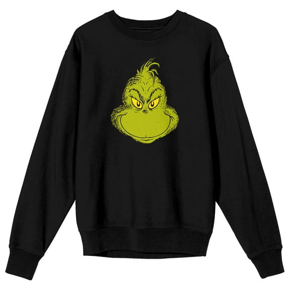 The Grinch Smiling Face Adult Black Crew Neck Long Sleeve Sweatshirt-Medium