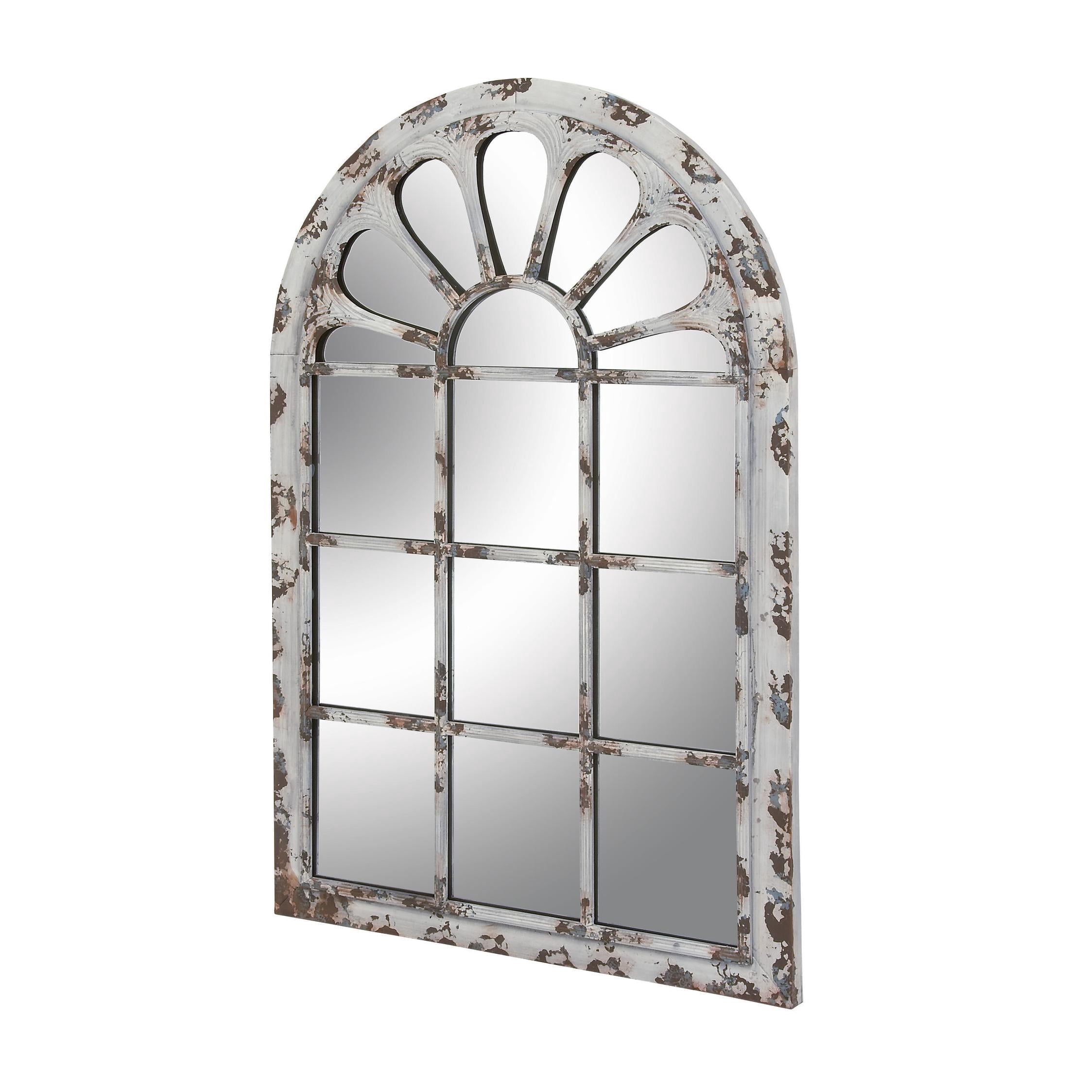 DecMode 34" x 52" White Window Pane Inspired Wall Mirror with Arched Top
