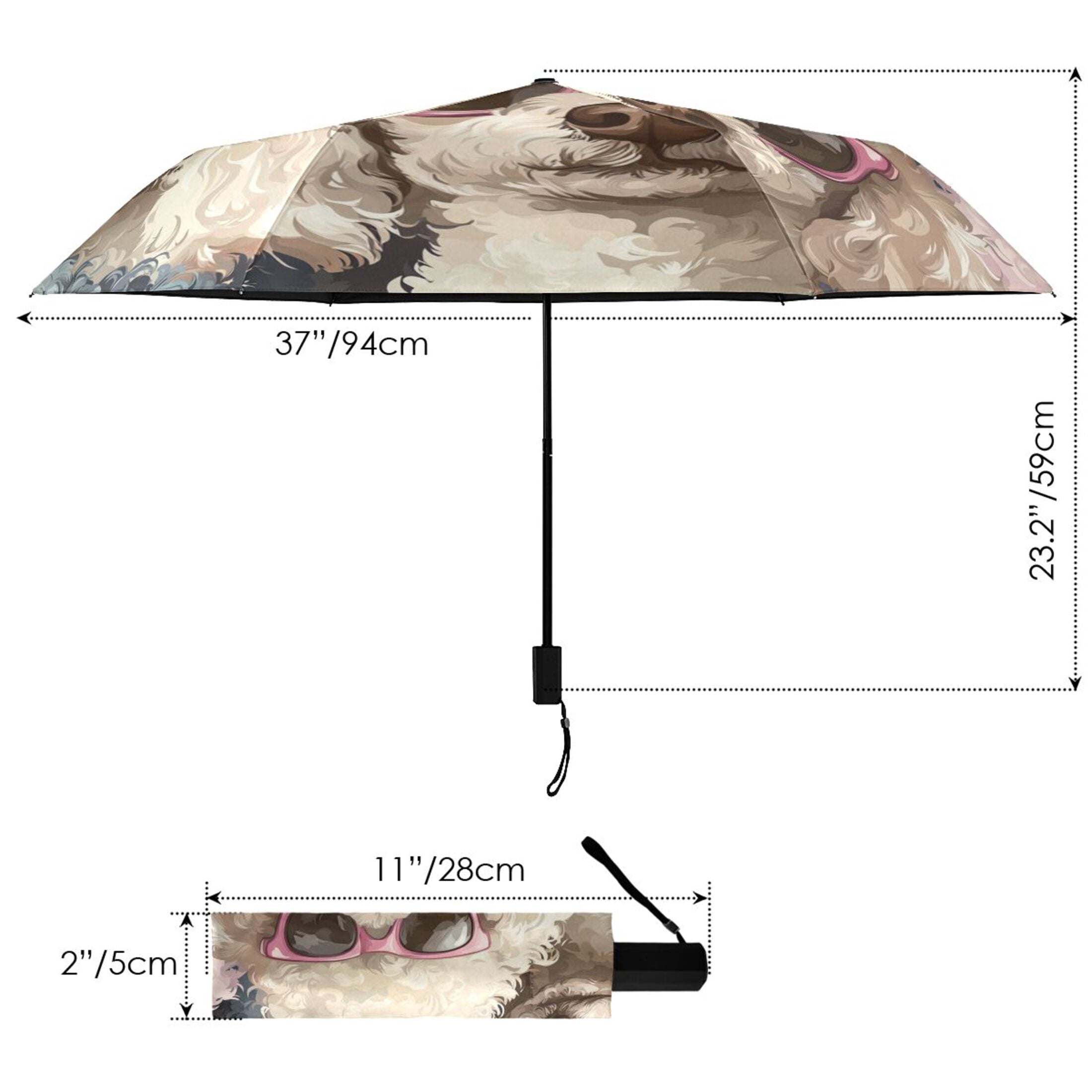 Cute Poodles with Sunglasses All Weather Umbrella Triple Folding Parasol 6 Ribs UV Protection Portable