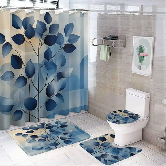 Shower Curtains for Bathroom Sets with Liner, Abstract Leaves Pattern Printed on Bathroom Rugs and Shower Curtain Sets, Suitable for Small Gym Guest Bath, 72 x 72 inches