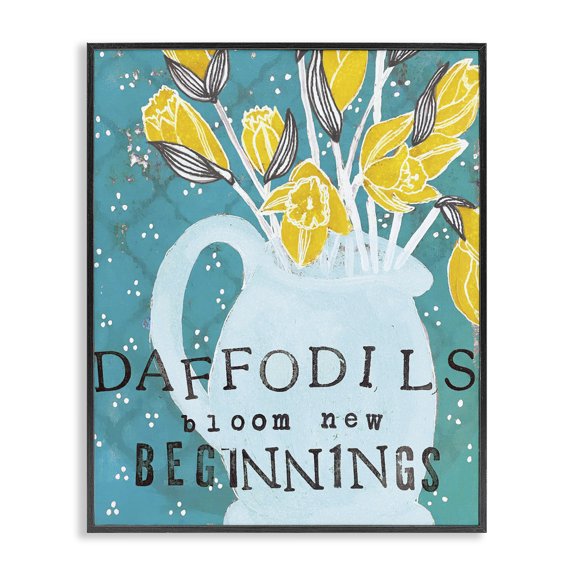 Stupell Industries Cottage Daffodils Bloom New Beginnings Blue and Yellow Vase Illustration Black Framed Giclee Art, 11 x 14, by Cindy Willingham
