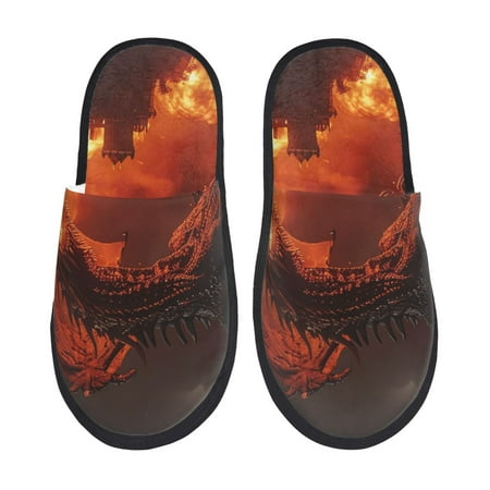 

Disketp Fiery Dragons Castle Attack Fuzzy House Memory Foam Slippers Furry Fur Lined Bedroom Shoes Cozy Indoor-Medium