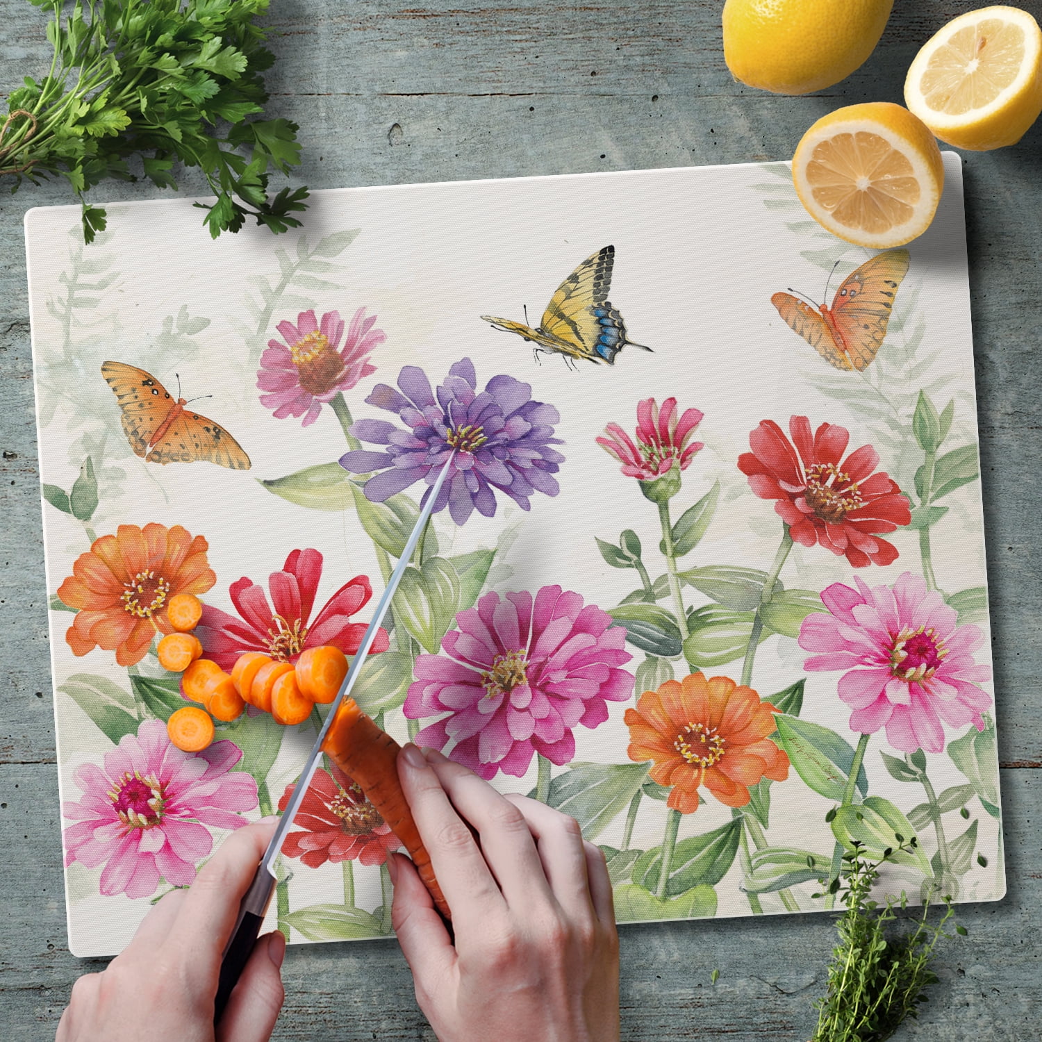 CounterArt Zinnias & Butterflies 3mm Tempered Glass Cutting Board 15" by 12"