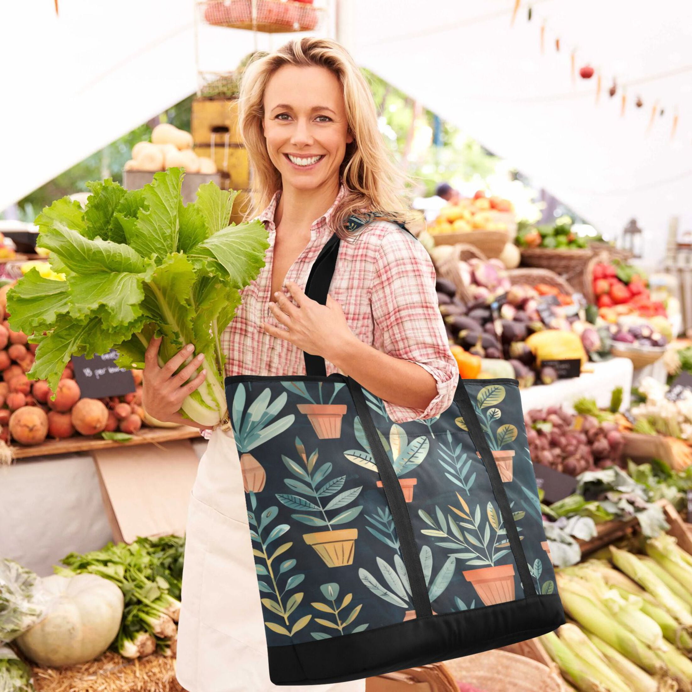 Large Hand-held Ice Pack Picnic Bag Insulation and Refrigeration Suitable for Shopping Picnics and Camping Dark Green Plants