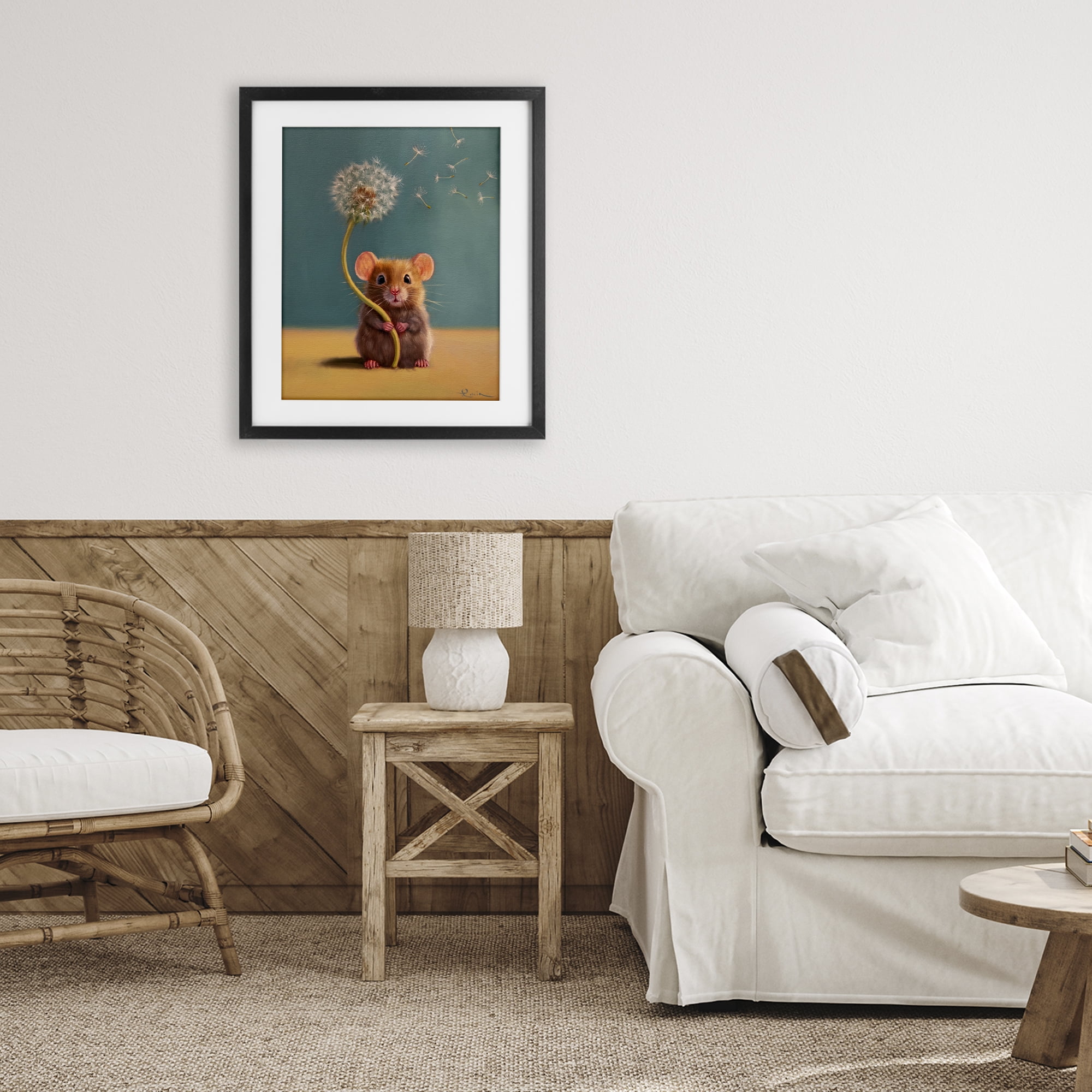 Tiny Wishes Mouse & Dandelion Black Framed Print Under Glass, design by Lucia Heffernan
