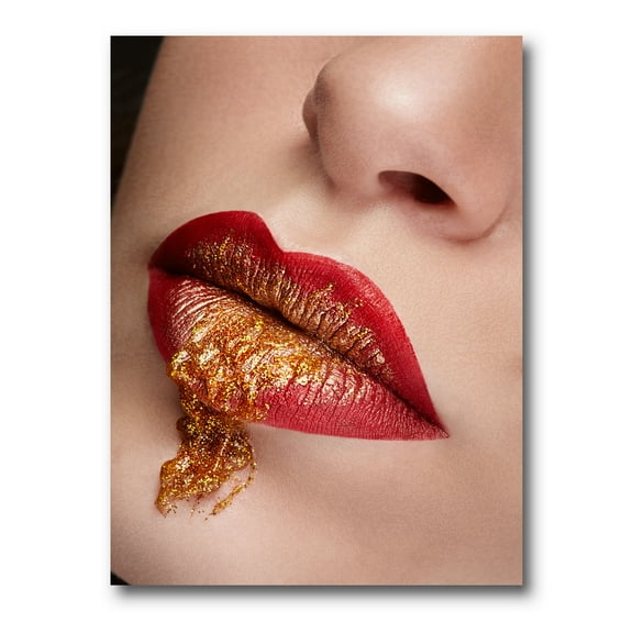 Designart ' Close Up Lips With Gold and Red Make Up ' Modern Canvas Wall Art Print