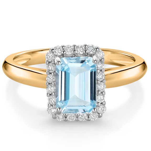 Gem Stone King 0.96 Ct Sky Blue Aquamarine G/H Lab Grown Diamond 10K Yellow and White Gold Halo Engagement Ring (Size 5)