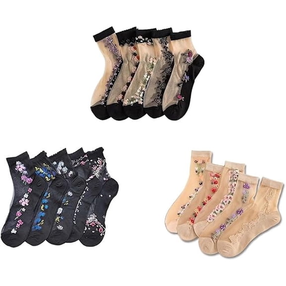 15 PAIR Women's Sheer Floral Socks - Transparent Mesh Glass Silk Crew Socks, Cute Cottagecore Breathable Dress Socks for Girls