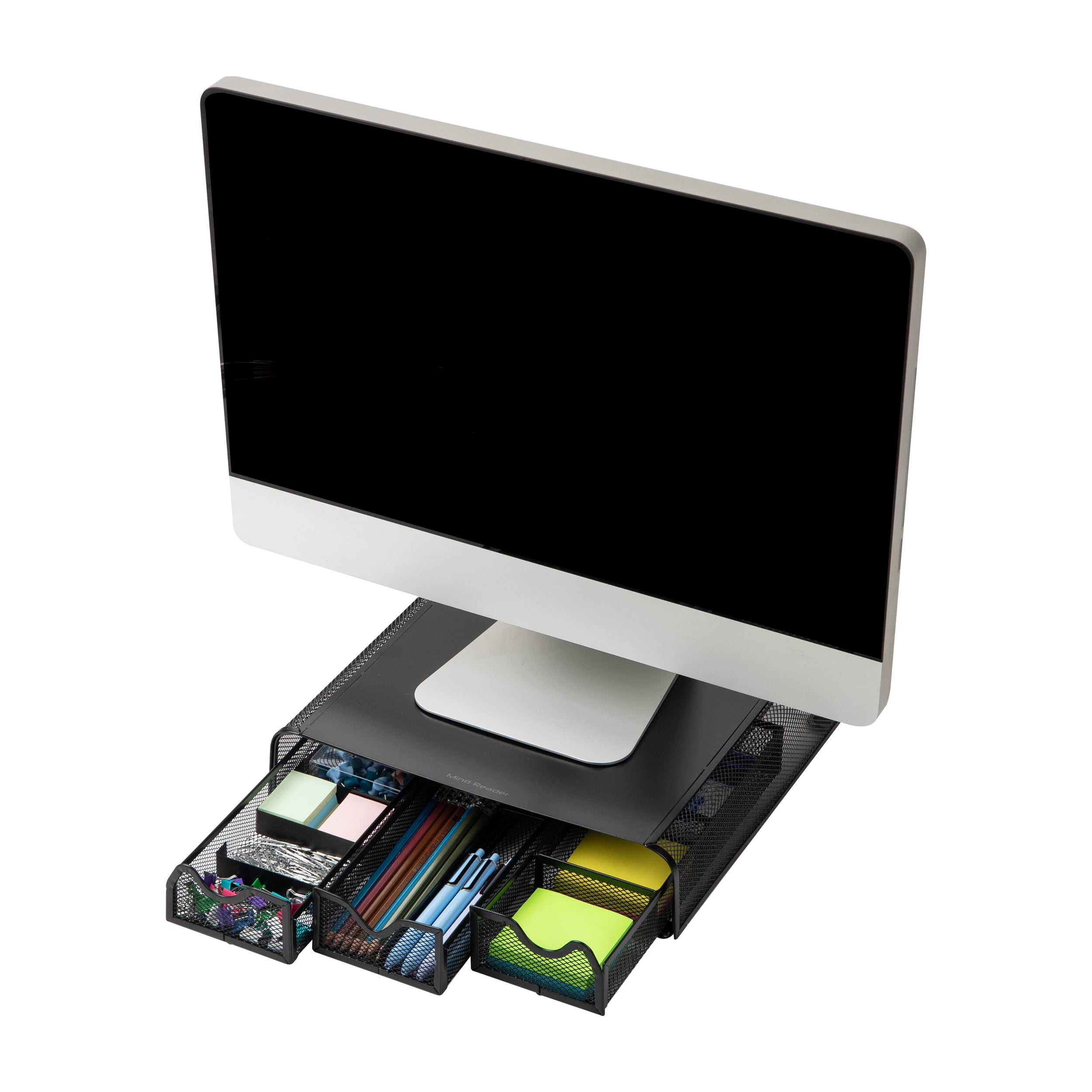 Mind Reader 3 Drawers Metal Mesh PC, Laptop, Imac Monitor Stand and Desk Organizer, Black