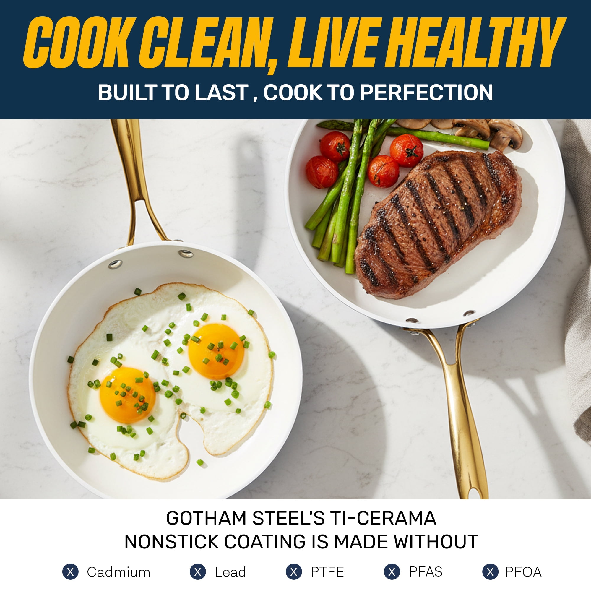 Gotham Steel 12 Inch Non Stick Frying Pans Large Nonstick Cooking Pan, Nonstick Skillet, Non Stick Pan, Ceramic Pan Dishwasher Safe, Navy/Cream