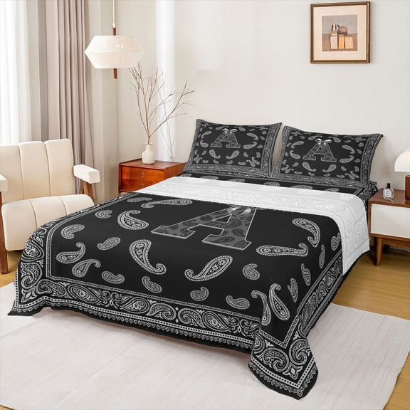 jejeloiu Chic Paisley Queen Sheets For Men Women,Initial Letter A Queen Sheet Sets,Black White,4-Piece,1 Flat Sheet, 1 Fitted Sheet and 2 Pillowcases