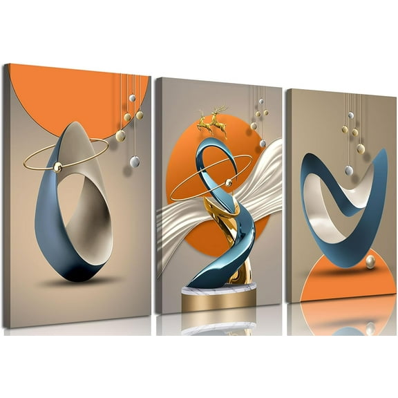 3 Pcs Modern Abstract Canvas Wall art Golden Deer Luxury Foil Lines Paintings Pictures Wall Decor White Blue orange color Grey posters Prints for Living Room Bedroom Office Home Decoration Unframed