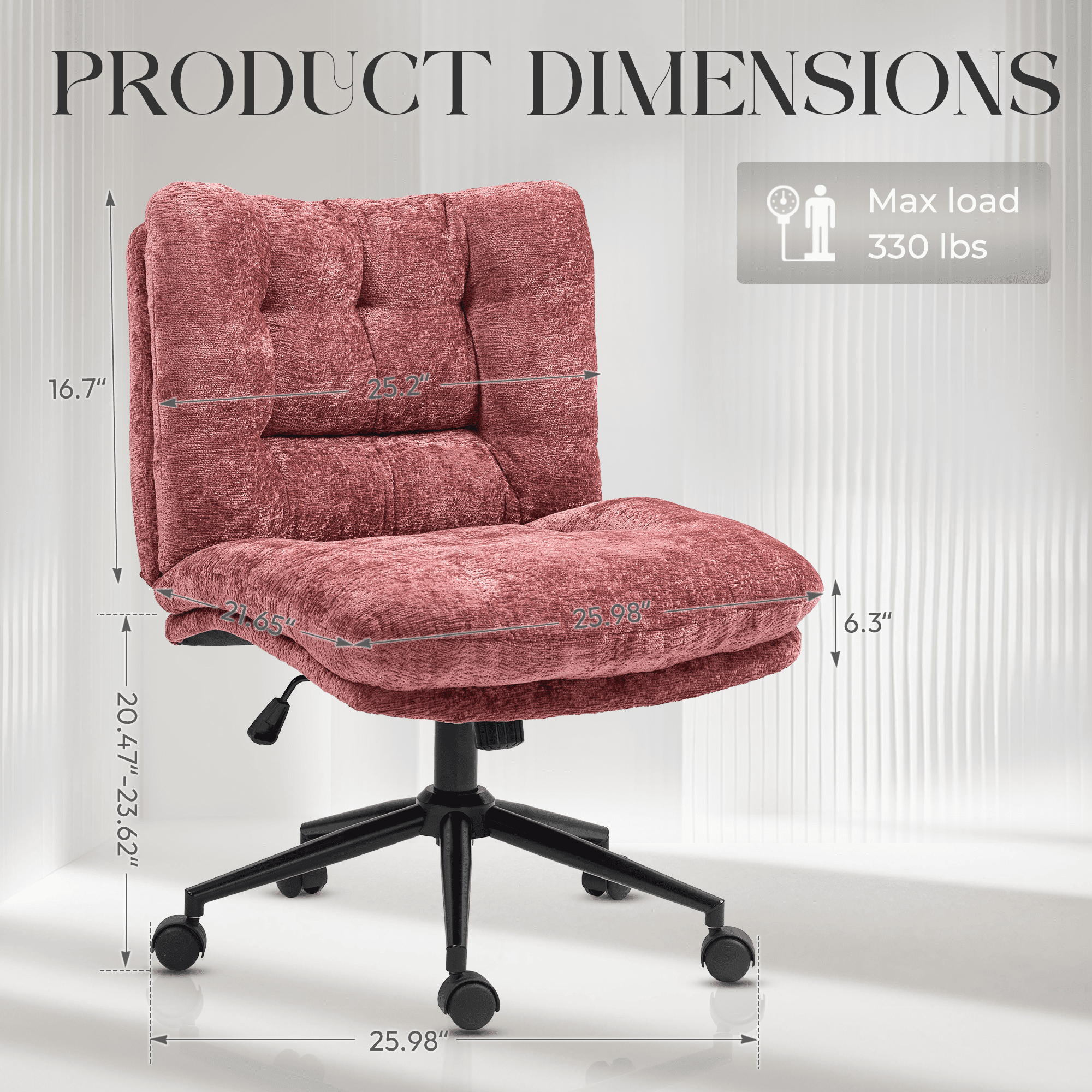 Goosea Armless Criss Cross Office Chair, Premium Fabric Wide Padded Seat Vanity Chair with Dual-Layer Cushion & Smooth-Rolling Wheels, Red