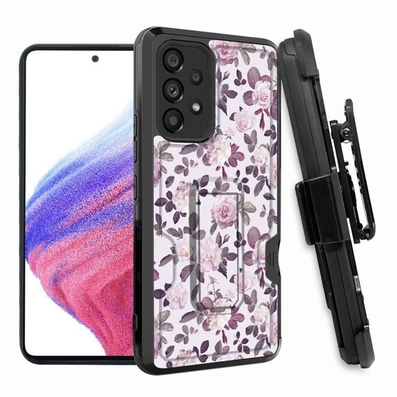ANJ  Rugged Shockproof Hoster Case w/Card Slot, Kickstand   Tempered Glass Cover for Samsung Galaxy A33 5G - Vintage Roses