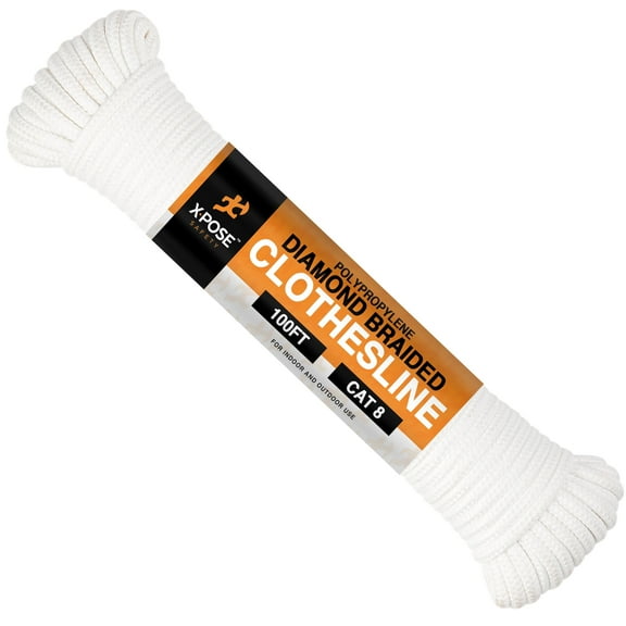 Diamond Braided Clothesline Rope - 6/32" x 100 Ft Rope - Polypropylene Rope - Poly Braided Rope Tent Rope, Flag Pole Rope, Camping Rope, Arborist Rope, Clothes Line Cord, Pulley, Hoist 2 Pack