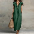 thumbnail image 2 of BOMYJESK Summer Dresses for Women V Neck Ruffle Sleeve Maxi Dresses Casual Linen Dress Beach Vacation Outfits with Side Pockets Dark Green M, 2 of 5