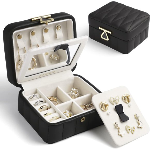 KAMIER Travel Jewelry Box Organizer, Diamond Quilted Leather Mini Jewelry Organizer Box, Small Jewelry Box for Women, Portable Travel Jewelry Case with Mirror, Black