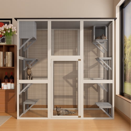 Catio Outdoor Cat Enclosure, Large Wood Cat House for Multiple Cats, Walk in Kitty Cage with 6 Platforms & 2 Resting Boxes, Outdoor Cat Shelter Enclosure with Waterproof Roof