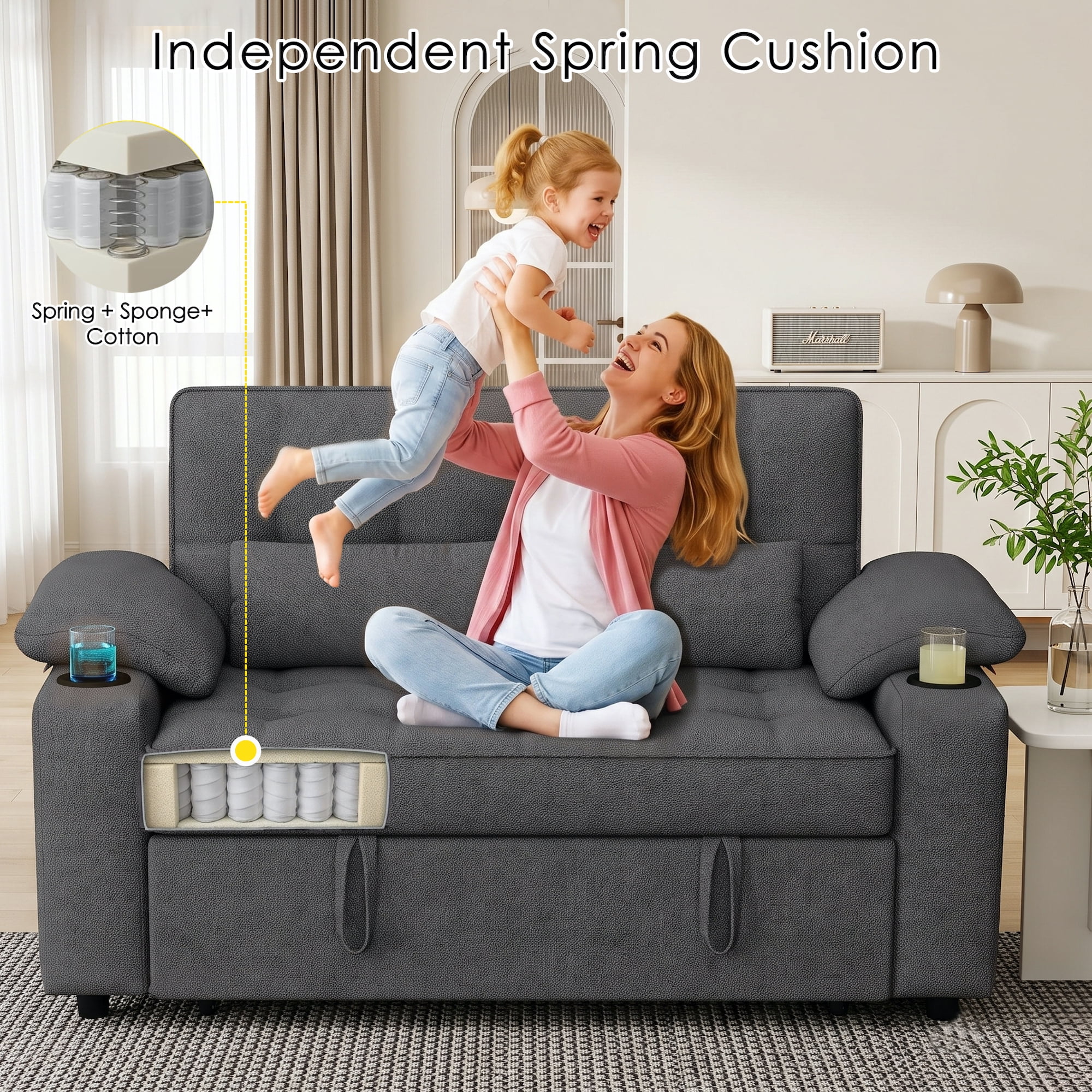 58" Sleeper Sofa Bed, Full Size Pull Out Couch, Towel Fabric Convertible Loveseat with USB Charging, Cup Holders, Adjustable Backrest & Side Pockets for Living Room, Apartment, Office (Dark Gray)