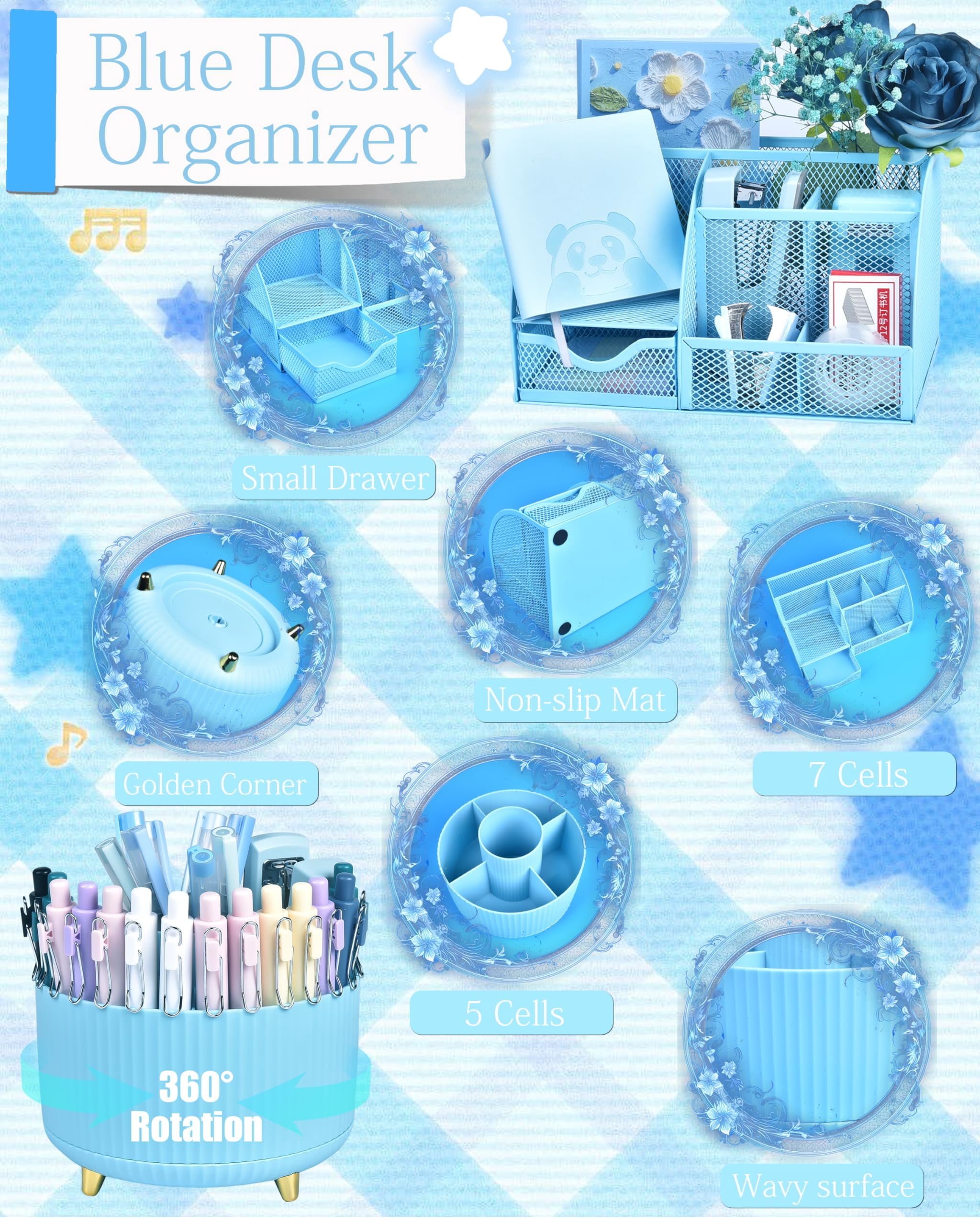 Blue Desk Accessories And Organizers With Organizer 360°rotating Pen Holder Stapler A Lot Of Office Supplies Beautifully Presented In Gift Box
