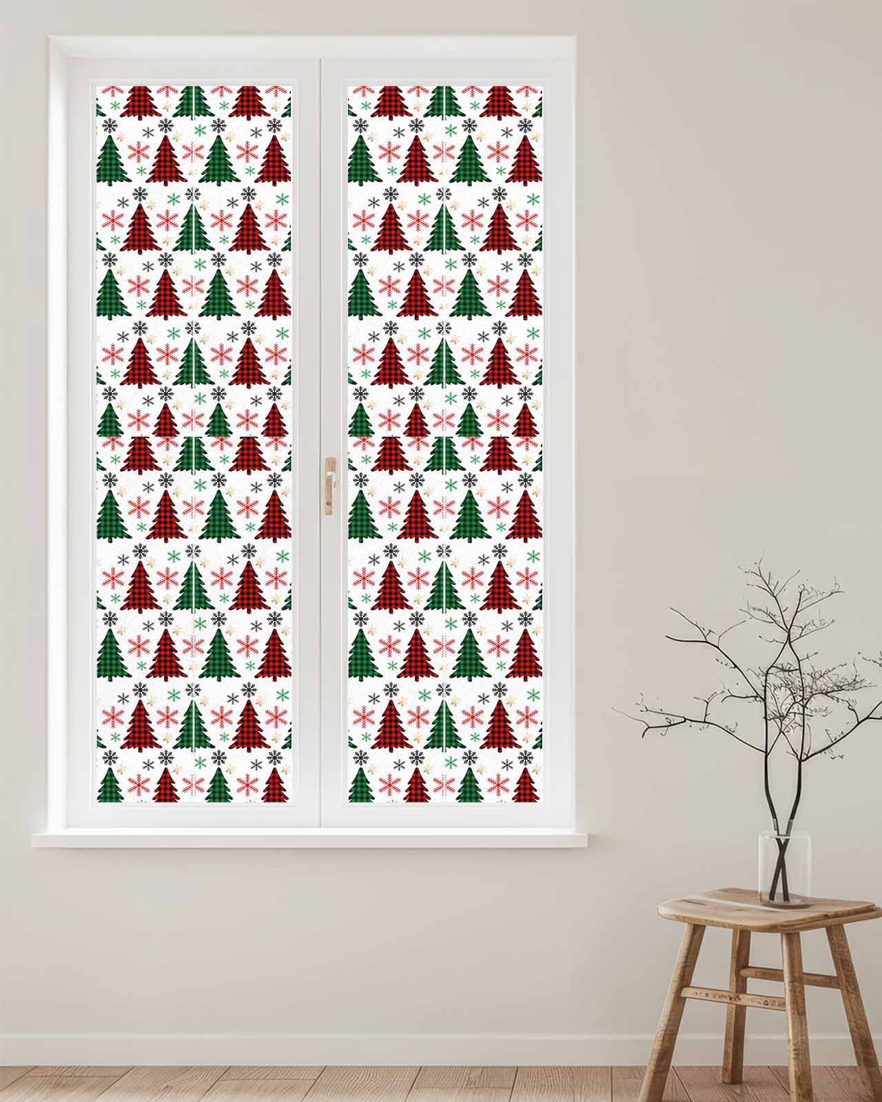 Christmas Window Privacy Film Stained Glass Window Film Decorative Windows Cover Static Windows Cling for Glass Winter Red Green Xmas Buffalo Plaid Tree Snowflake Stickers for Bathroom 29.5"x118"