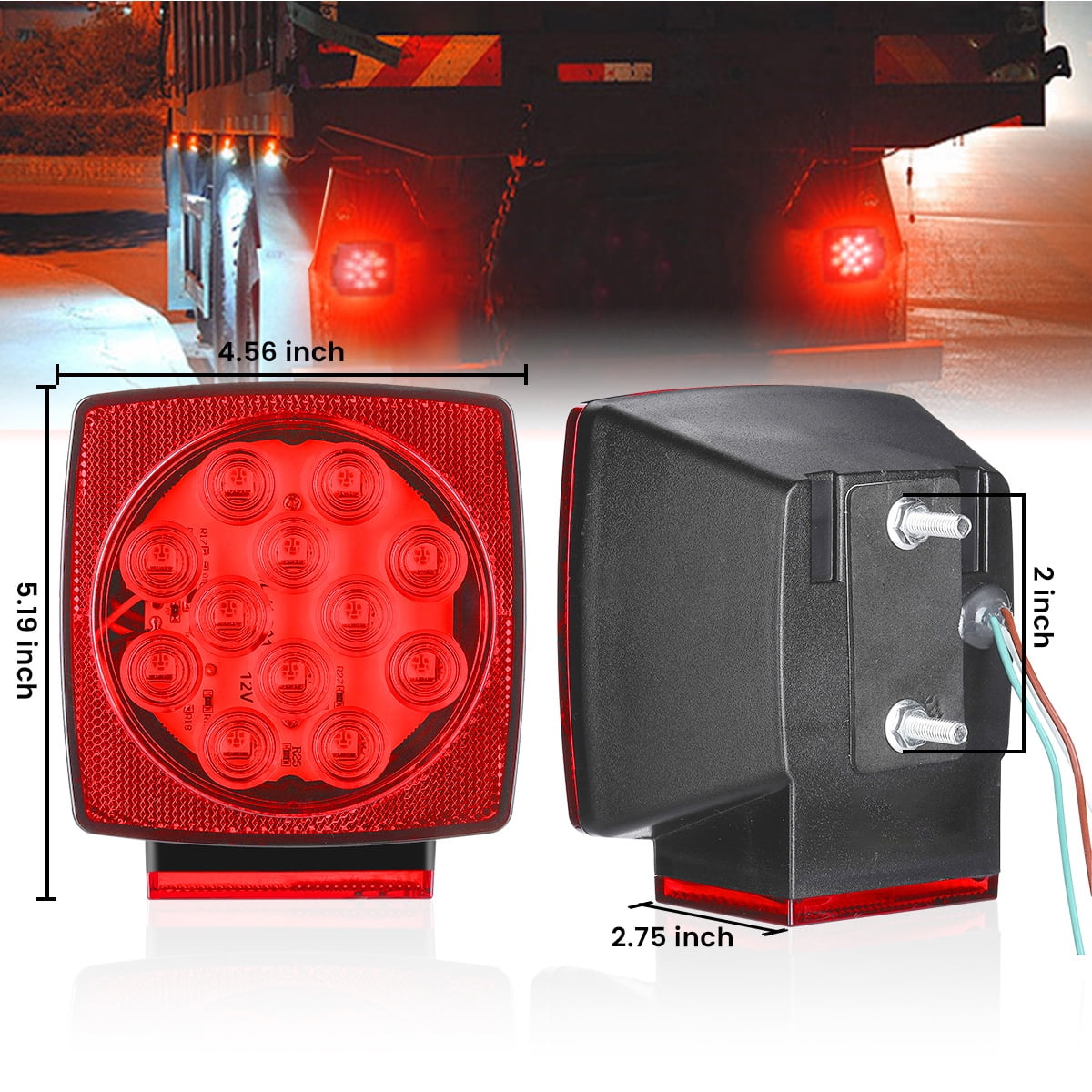 1 Pairs 12V LED Trailer Tail Lights Square Submersible Trailer light