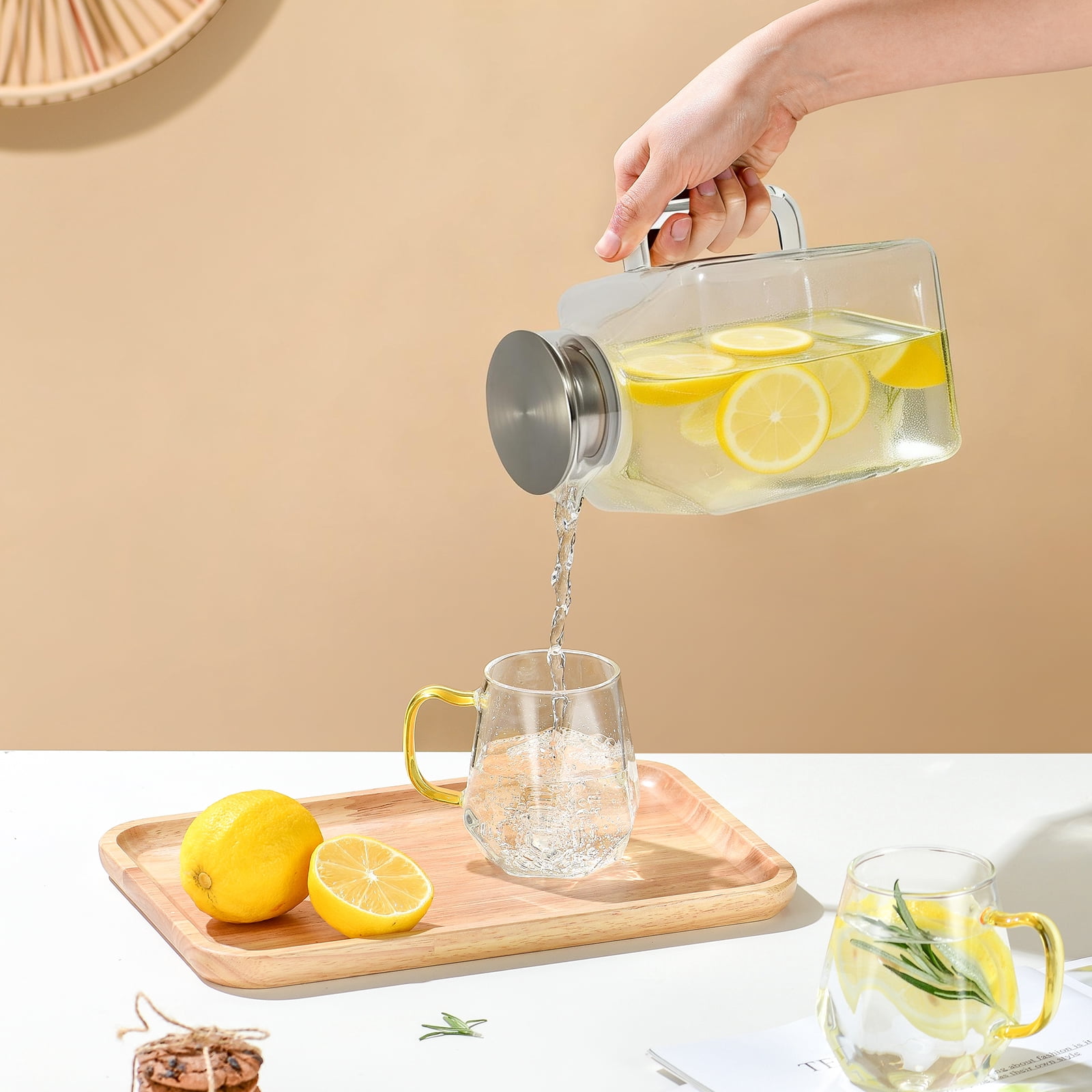 Fkszll 1 Gallon Square Glass Pitcher with Lid and Spout Borosilicate Glass Carafe for Hot/Cold Drink Water Pitcher with Handle for Fridge Large Jug for Iced Tea Coffee Juice Beverage