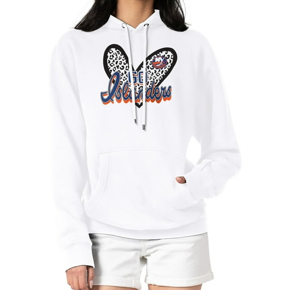 Women's G-III 4Her by Carl Banks White New York Islanders Animal Print Heart Fleece Pullover Hoodie