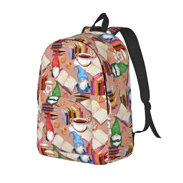 Naloa Gnomes Books Tea Cups Print Durable Canvas College Rucksack,Laptop Excursion Backpack,Travel Notebook School Backpack,Bookbag For Men Women-Medium