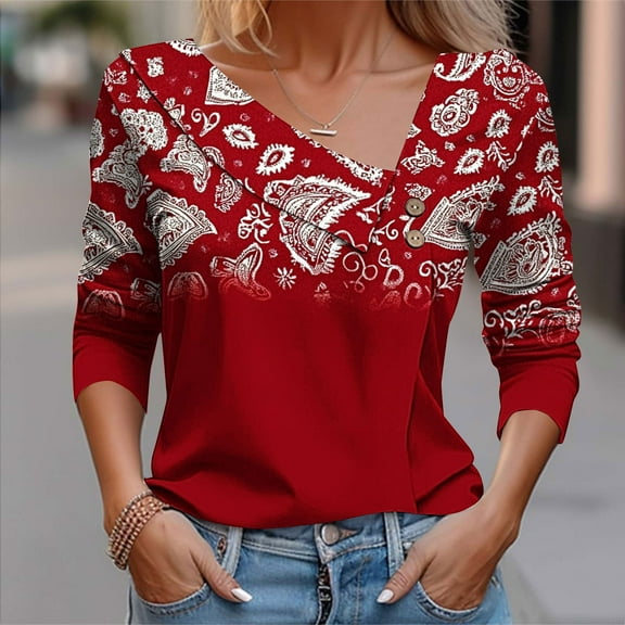 Sakmal Womens Blouses Dressy Casual Button Down Red Shirts Collared Long Sleeve Graphic Tops for Women
