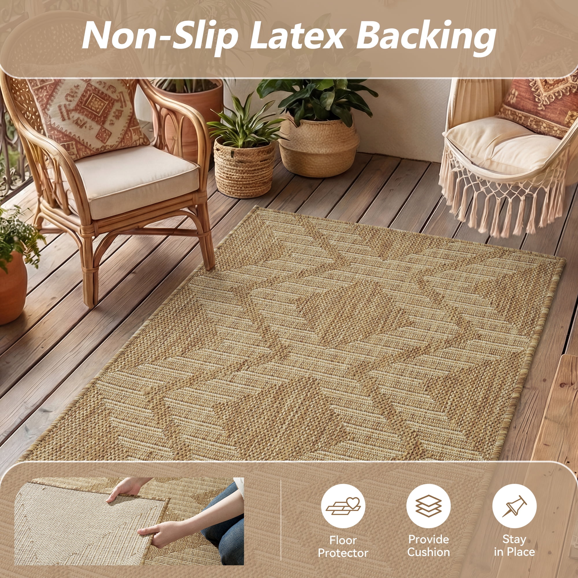 SIXHOME Outdoor Rugs 2'x8' Runner, Bohemian Geometry Patio Rug, Indoor Outdoor Polypropylene Weave Textured Carpet, Water-Resistant, Quick-Dry Rug for Porch, Balcony, RV, Garden, Neutral Brown
