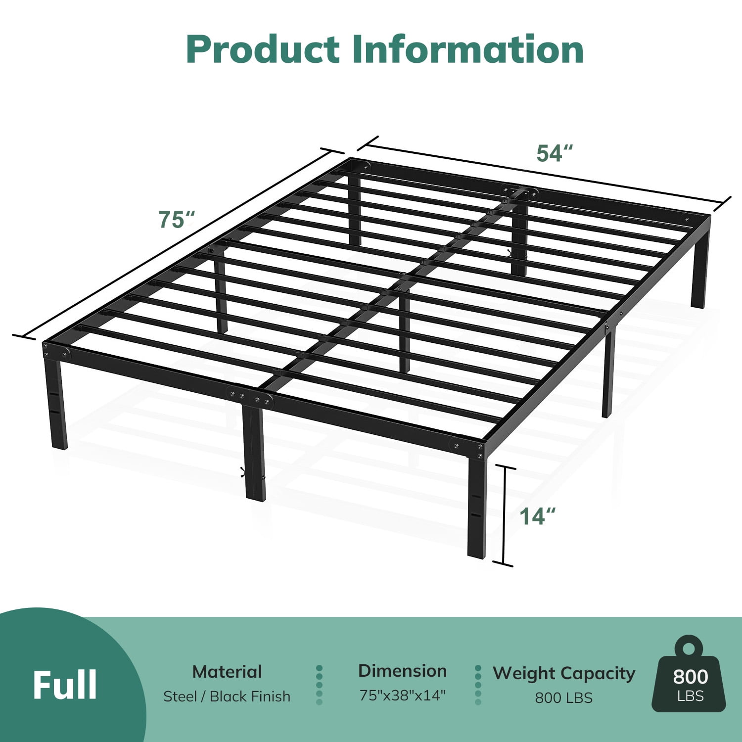 Full Size Bed Frame, 14" Height Classic Metal Platform Bed Frame Foundation with Under Bed Storage/No Box Spring Needed/Heavy Duty Metal Slats Support/Black