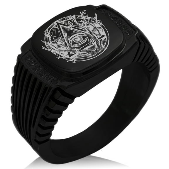 Stainless Steel Rootless All Seeing Eye CZ Ribbed Needle Stripe Pattern Biker Style Polished Ring