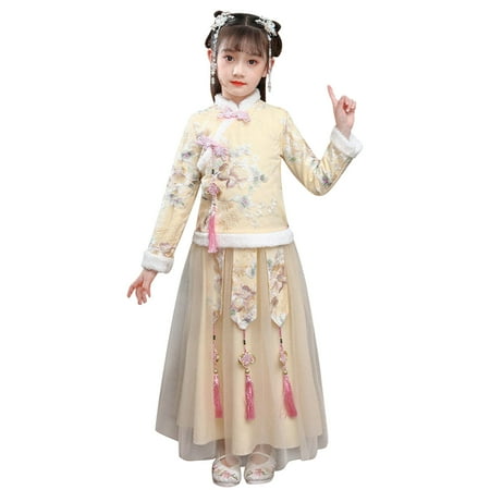 

Little Girls Dresses Toddler Kids Baby Children Fairy Hanfu Lined Warm Coat Jacket Tops For Chinese New Year Princess Tulle Skirts Embroidery Tang Suit Performance S