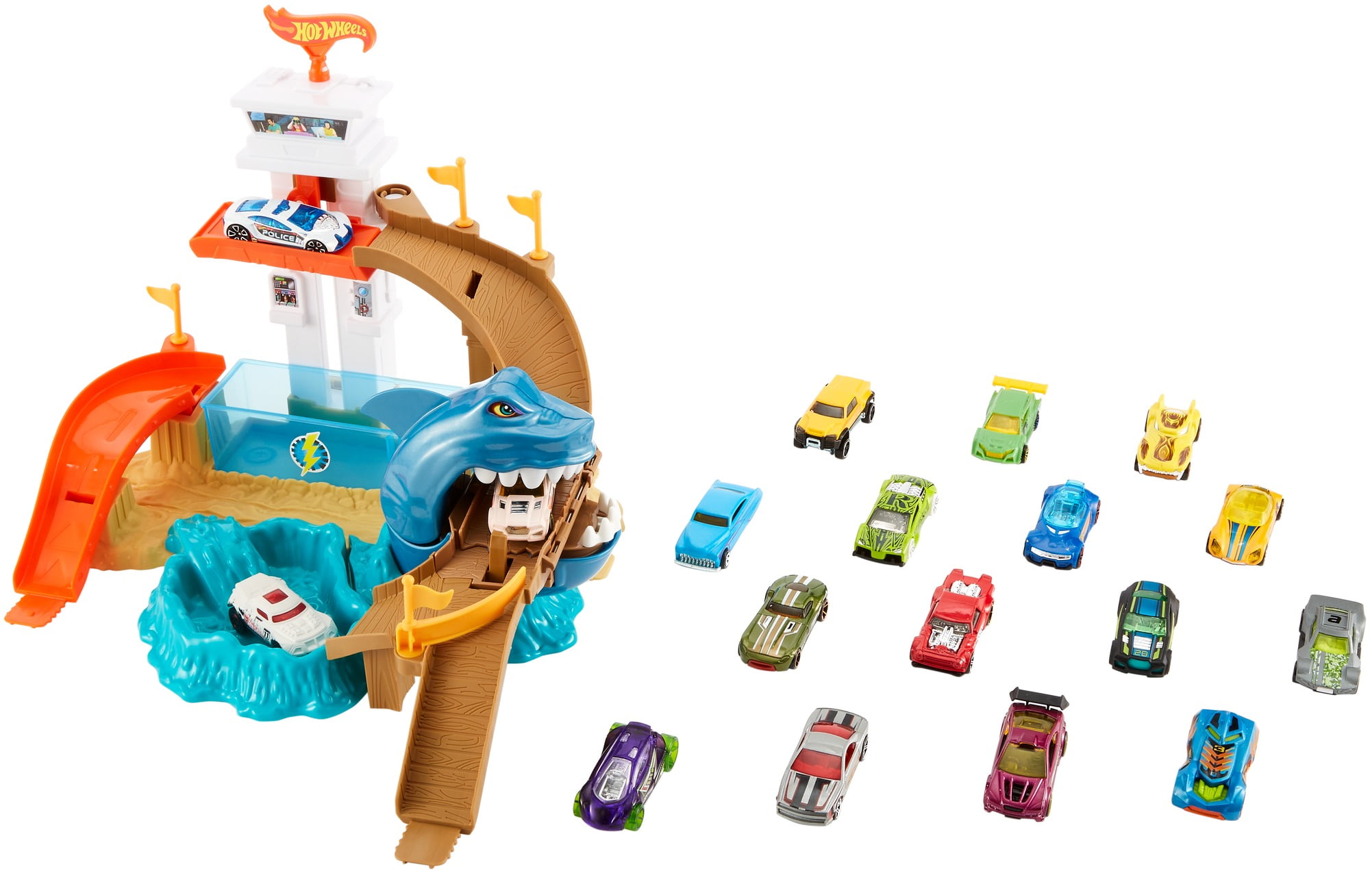 Hot Wheels Sharkport Showdown Giant Trackset with 18 Cars