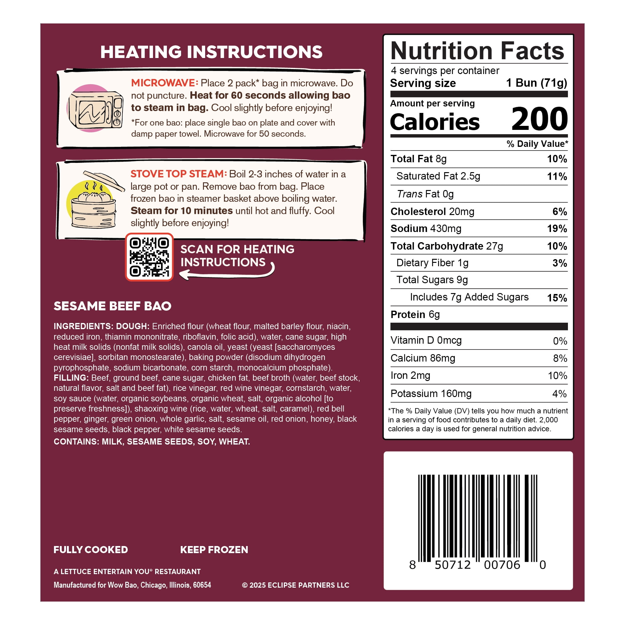 Wow Bao Sesame Beef Bao, 4 Pack, Frozen