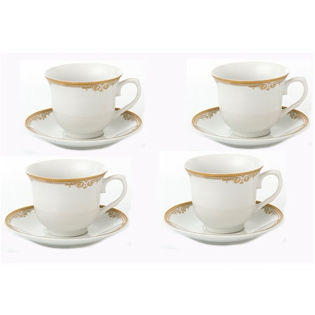 

Elegant Durable and Colorful Porcelain Tea-Coffee Cups and Saucers Set - Gold Set of 4 8 oz.