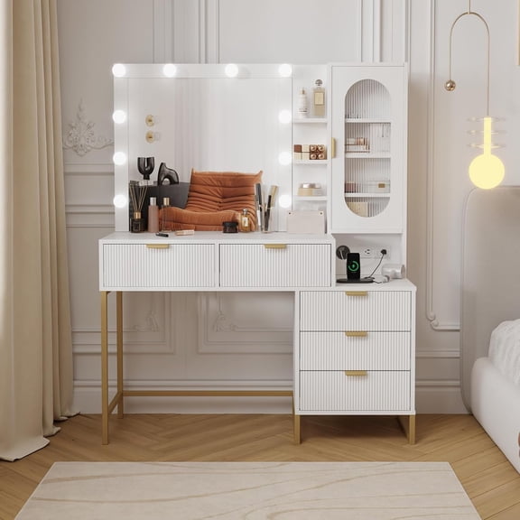 Juiluna Modern Vanity Makeup Desk with Vanity Mirror, Built-in Lights, 5 Drawers, Power Outlet, Makeup Desk for Bedroom, White & Gold, Wavy Stripes