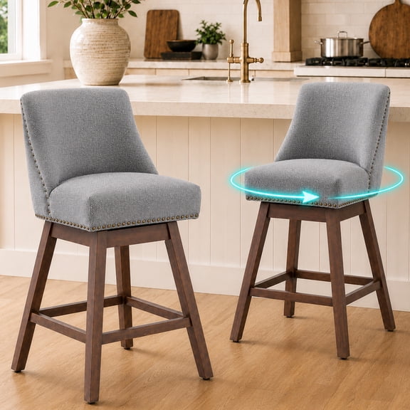 SESSLIFE Gray Bar Stools with Back Set of 2, 26" Counter Height Swivel Bar Stools, Upholstered Farmhouse Counter Stools with Solid Wood Legs, Bar Chairs for Kitchen Island & Home