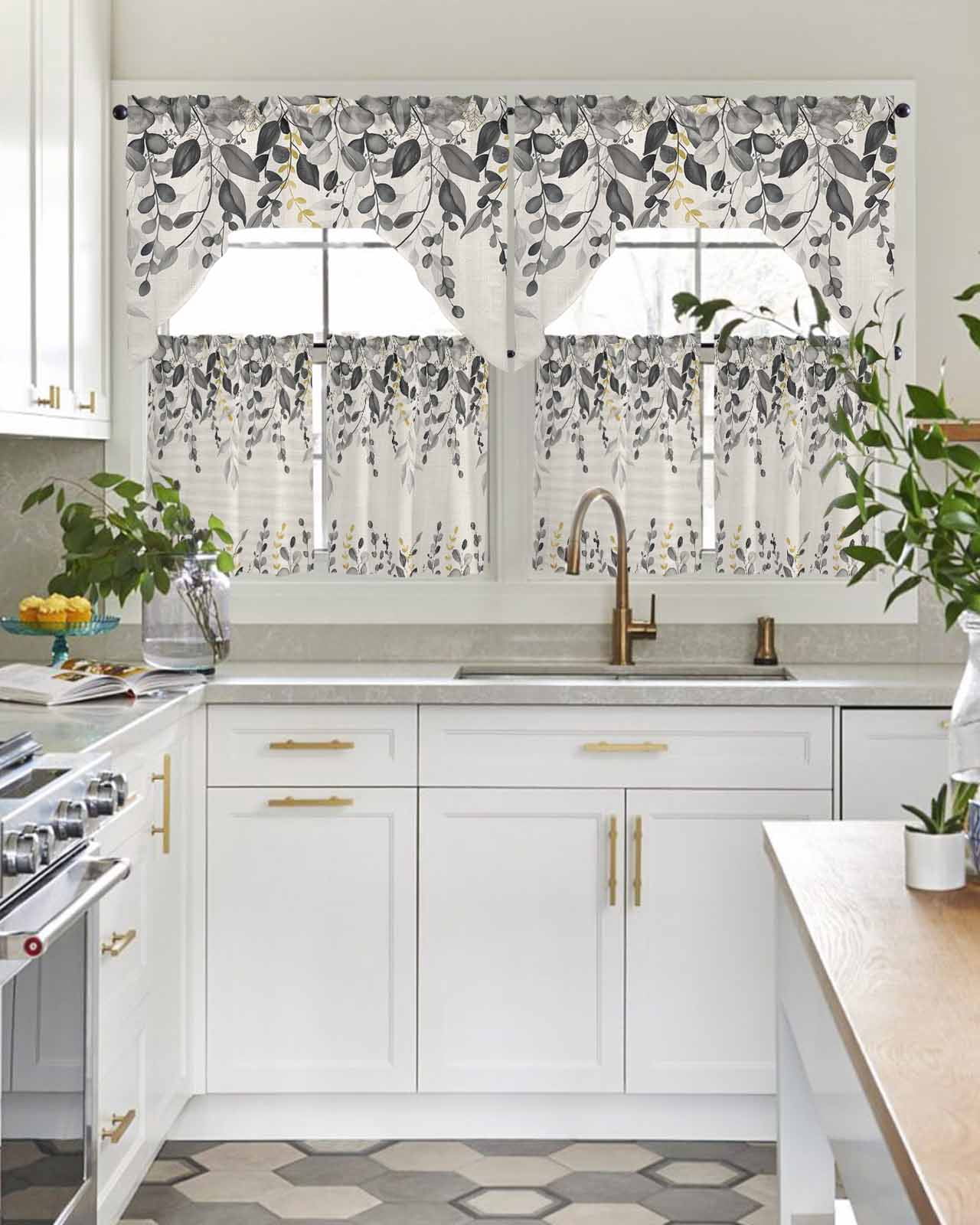 Grey Eucalyptus Kitchen Curtains Sets for Windows 3 Piece, Farmhouse Weeping Leaves on Linen Kitchen Curtains and Valances Tier Set 36 Inch Length Swag Curtain for Living Room Cafe Bathroom Bedroom