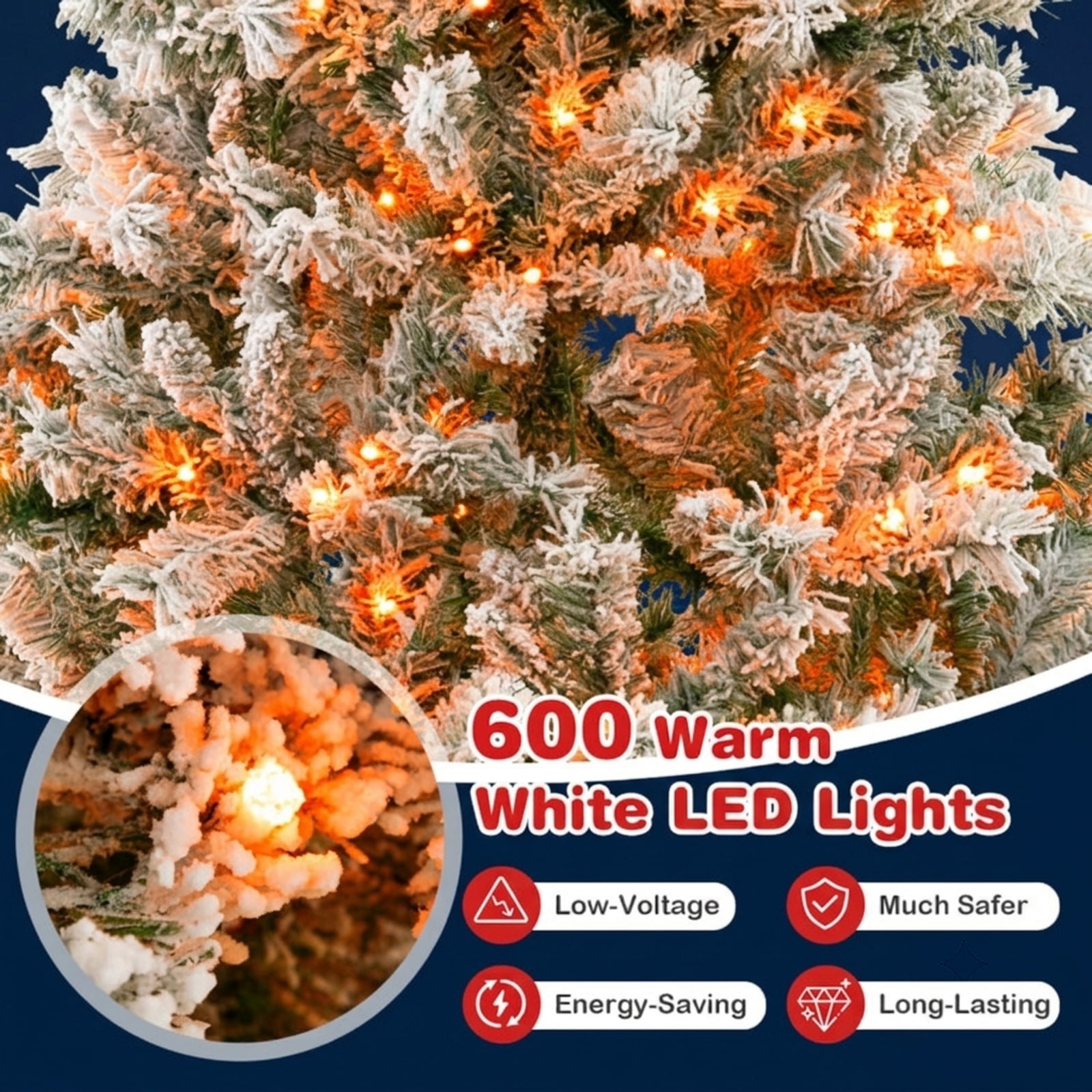 RUIE 8 ft Flocked Christmas Tree, Tall Pre-Lit Green White Artificial Xmas Tree with 600 LED Lights and 1370 Branch Tips for Home