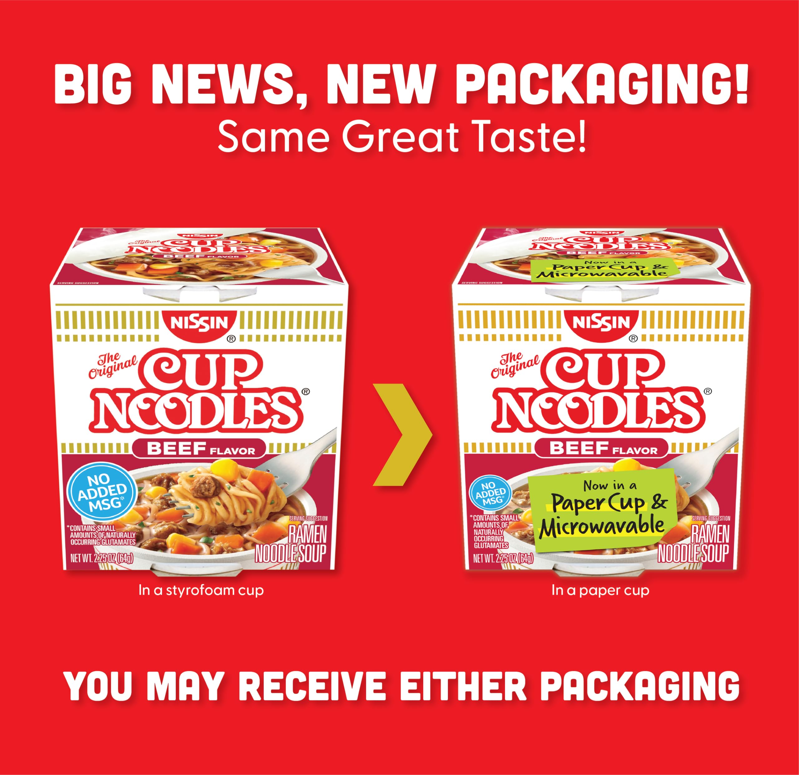 Nissin Cup Noodles Soup, Beef Flavor, Microwaveable Paper Cups, Instant 