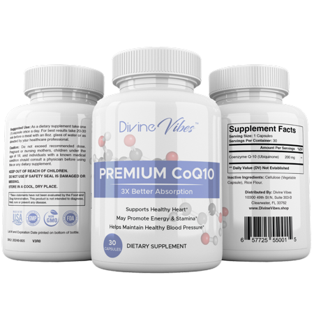 Divine Vibes Premium CoQ10 200mg – High Absorption Ubiquinone Supplement for Heart & Energy Support – Antioxidant, Non-GMO, Gluten-Free, 30 Capsules, Made in USA