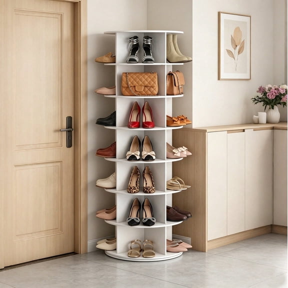 360° Rotating Shoe Rack, 7-Tier Revolving Shoe Organizer with Large Capacity, Freestanding Shoe Storage Tower for Closet Entryway (White)