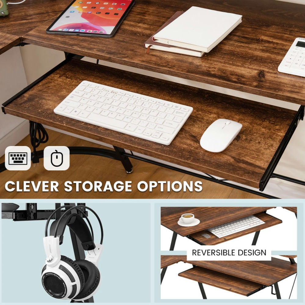 Demi Bonn L-shaped Computer Desk with Power Outlet and Monitor Stand, Small Home Office Desk Study Writing Table, Brown