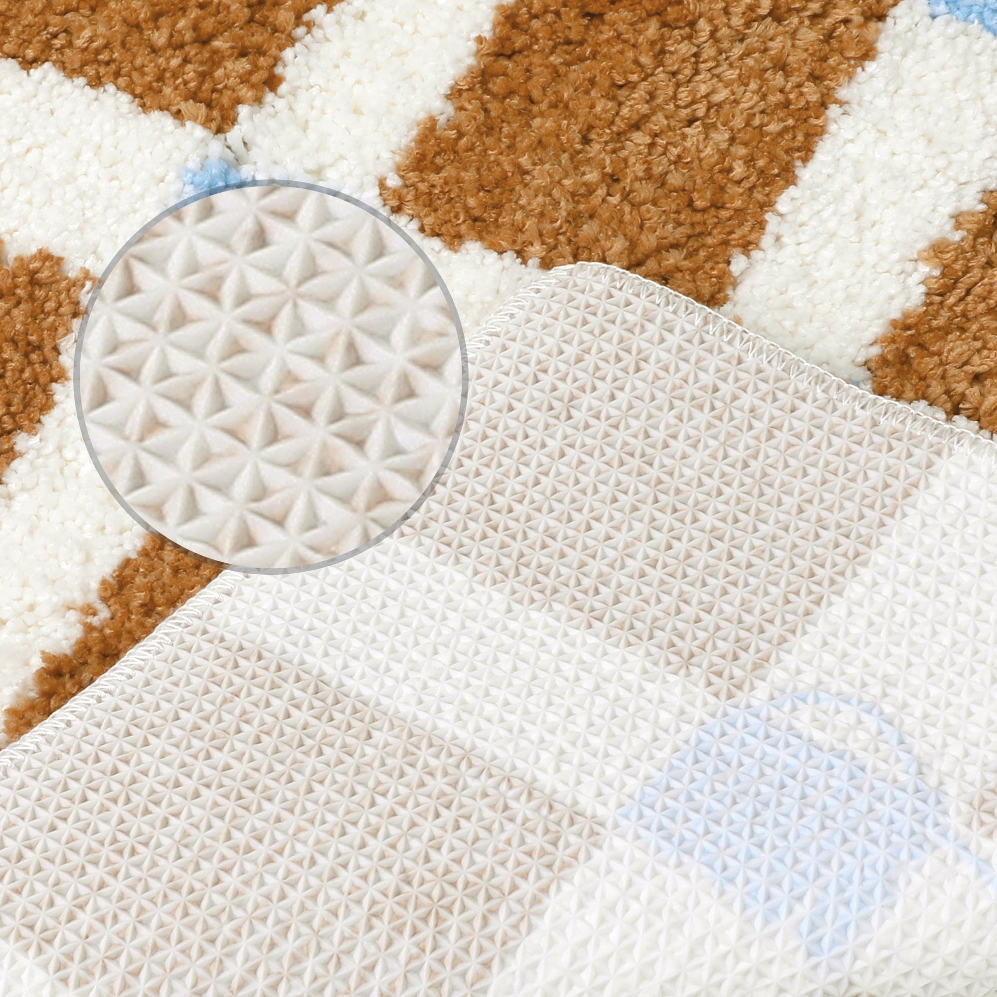 Unique Bargains 2 Pcs Checkered Absorbent Non Slip Bath Mats Soft Fluffy Bathroom Rugs Brown 20" x 32"
